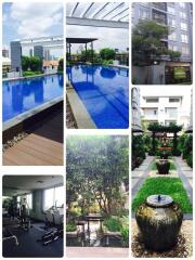Collage of residential amenities including swimming pool, gym, garden, and outdoor common areas