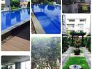Collage of residential amenities including swimming pool, gym, garden, and outdoor common areas