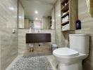 Modern bathroom interior with wall-mounted sink, toilet, and tiled floors