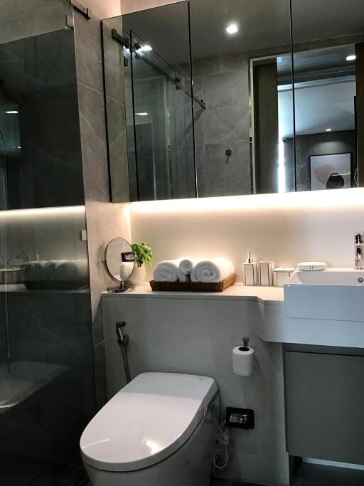Modern bathroom interior with LED mirror lighting
