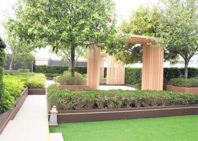 Elegant garden with wooden pergola and landscaped greenery