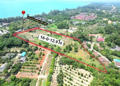 Aerial view of a large plot of land with marked boundaries near coastal area