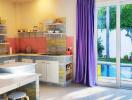 Modern kitchen with bright colors overlooking a pool area