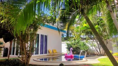 Tropical backyard with swimming pool and lush greenery