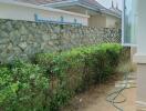 Outside view of a house showing a hedge and stone wall