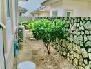 Exterior side space of a residential home with a stone wall and greenery