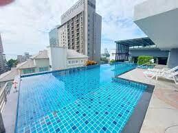 Rooftop swimming pool with cityscape view