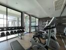 Modern home gym with exercise equipment and ample natural light