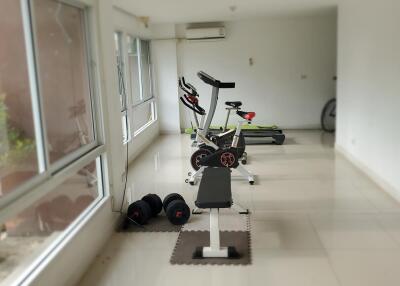 Home gym with exercise equipment and large windows