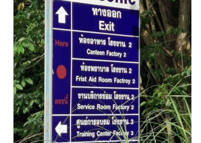 Directional signage with text in Thai script pointing to various locations within a project, surrounded by greenery