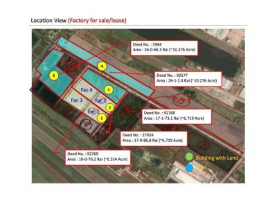 Aerial view of a factory complex for sale or lease with marked plots and buildings