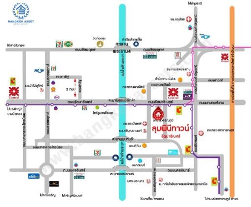 Map of a local area with markers for amenities and transportation