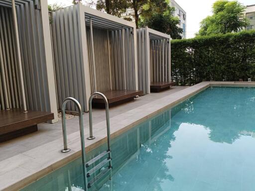 Residential pool area with surrounding decking and privacy fencing