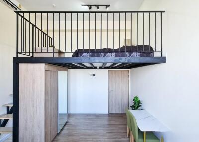 Modern loft style bedroom with elevated sleeping area