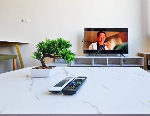 Modern living room with television and decor