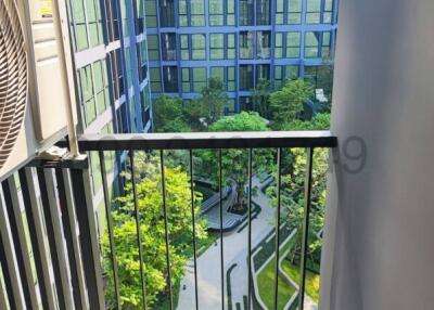 View from balcony overlooking inner courtyard with lush greenery