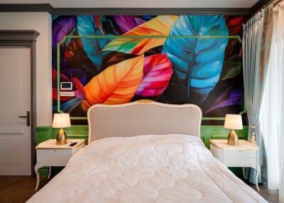 Colorful bedroom with artistic wall mural and modern design