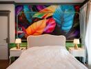 Colorful bedroom with artistic wall mural and modern design