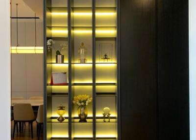 Modern interior design with illuminated shelving unit and a glimpse of the dining area