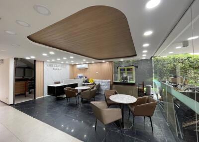 Modern kitchen with integrated dining area and sleek design