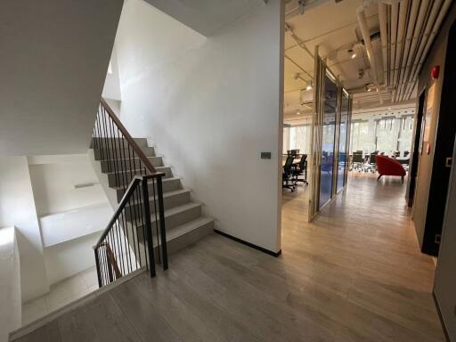 Spacious modern building interior with ample natural light and a staircase