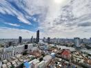 Panoramic view of a city skyline with skyscrapers, river, and clouds