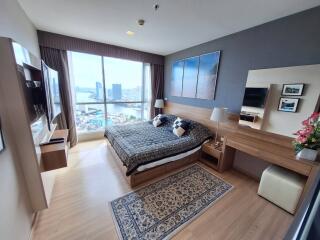 Modern bedroom interior with city view