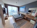 Modern bedroom interior with city view