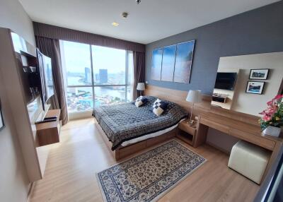 Modern bedroom interior with city view