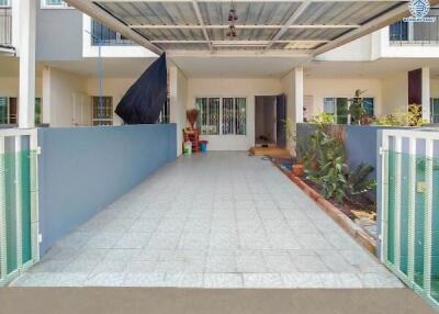 Spacious covered patio in a residential building
