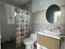 Modern bathroom with shower curtain and vanity