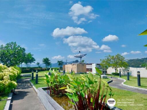 Lush garden walkway with satellite dish and ocean view