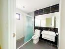 Modern bathroom with walk-in shower and large mirror