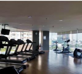 Modern gym facility in a residential building with treadmills overlooking the city