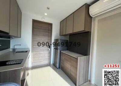 Modern kitchen interior with wooden finish cabinets and built-in appliances