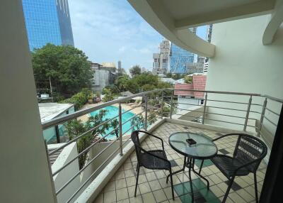 Spacious balcony with seating overlooking a pool and cityscape