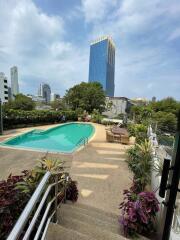 Outdoor swimming pool with city skyline in the background