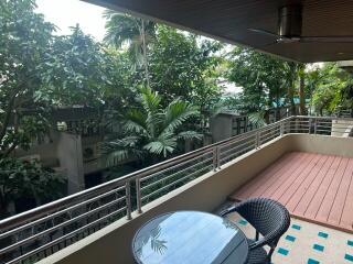 Spacious balcony overlooking greenery