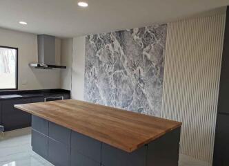 Modern kitchen with marble wall and wooden countertop island