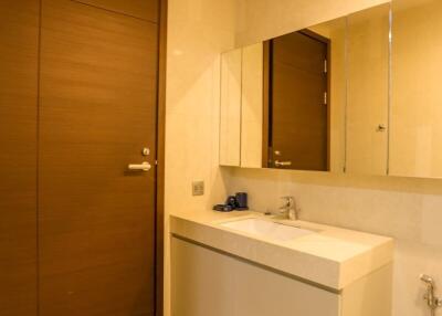 Modern bathroom interior with wooden door and vanity