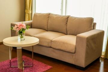 Cozy living room with a comfortable sofa and a round coffee table