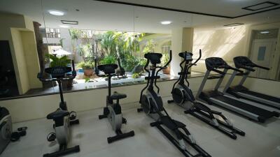 Home gym with exercise equipment and view of the garden