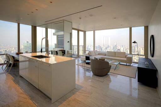 Spacious modern living space with city skyline view