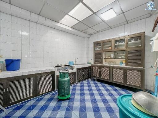 Spacious kitchen with blue patterned tiles and ample storage cabinets