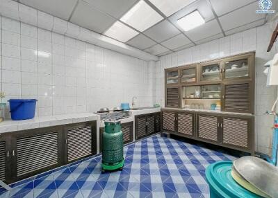 Spacious kitchen with blue patterned tiles and ample storage cabinets