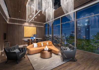 Modern living room with city skyline view and chic interior design