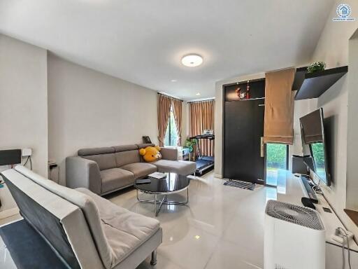 Modern living room with natural light and contemporary furniture