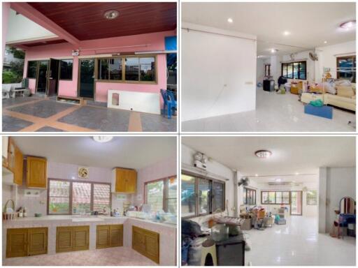 Collage of various rooms including exterior, kitchen, and living rooms