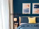 Cozy bedroom with dark blue accent wall and stylish decor