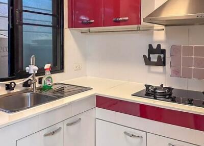 Modern kitchen interior with red cabinets and stainless steel appliances